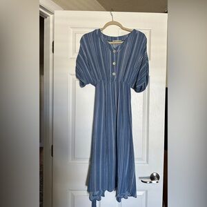 Blue and white striped V neck dress